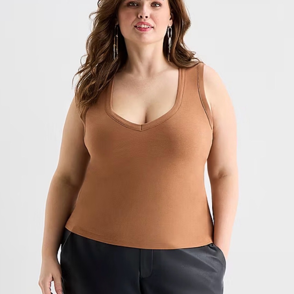 Ashley Graham Womens Plus U Neck Sleeveless Tank Top - Real Brown